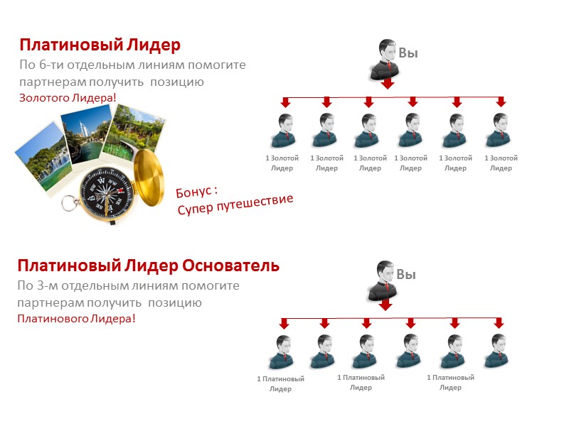 Платиновый Лидер По 6-ти отдельным линиям помогите партнерам получить  позицию Золотого Лидера! Бонус